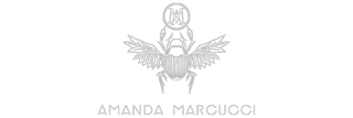 Amanda Marcucci logo with a stylized beetle design on a black background