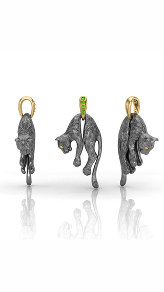 Black Panther Pendant – Tourmaline & Yellow Sapphire Eyes – handcrafted Italian jewellery by Amanda Marcucci, Florence.