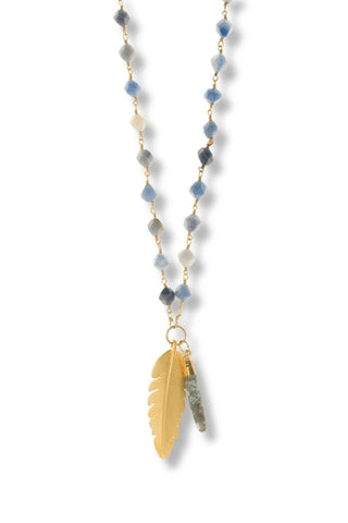Blue Opal Necklace with Gold Feather – handcrafted Italian jewellery by Amanda Marcucci, Florence.