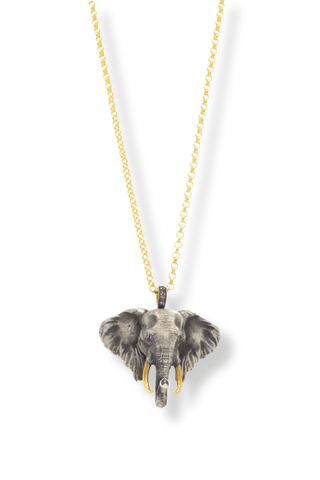 Silver Elephant Necklace on Gold Chain – handcrafted Italian jewellery by Amanda Marcucci, Florence.