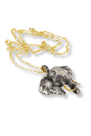 Silver Elephant Necklace on Gold Chain – handcrafted Italian jewellery by Amanda Marcucci, Florence.